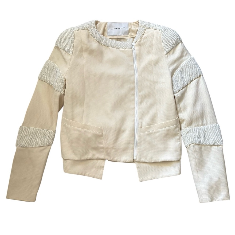 Camilla & Marc Silk Diamond Affair Beaded Zipper Asymmetrical Jacket Ivory